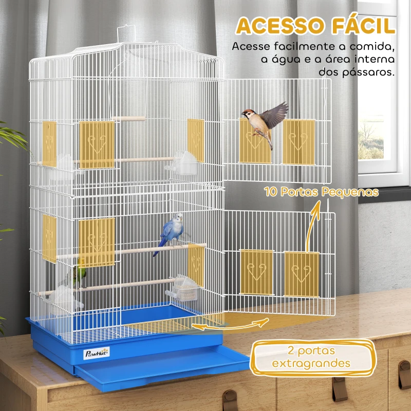 PawHut Gaiola para Pássaros Gaiola Metálica com 4 Tigelas de Comida 3 Poleiros Baloiço e Bandeja Removível Pega 46,5x35,5x92 cm Azul