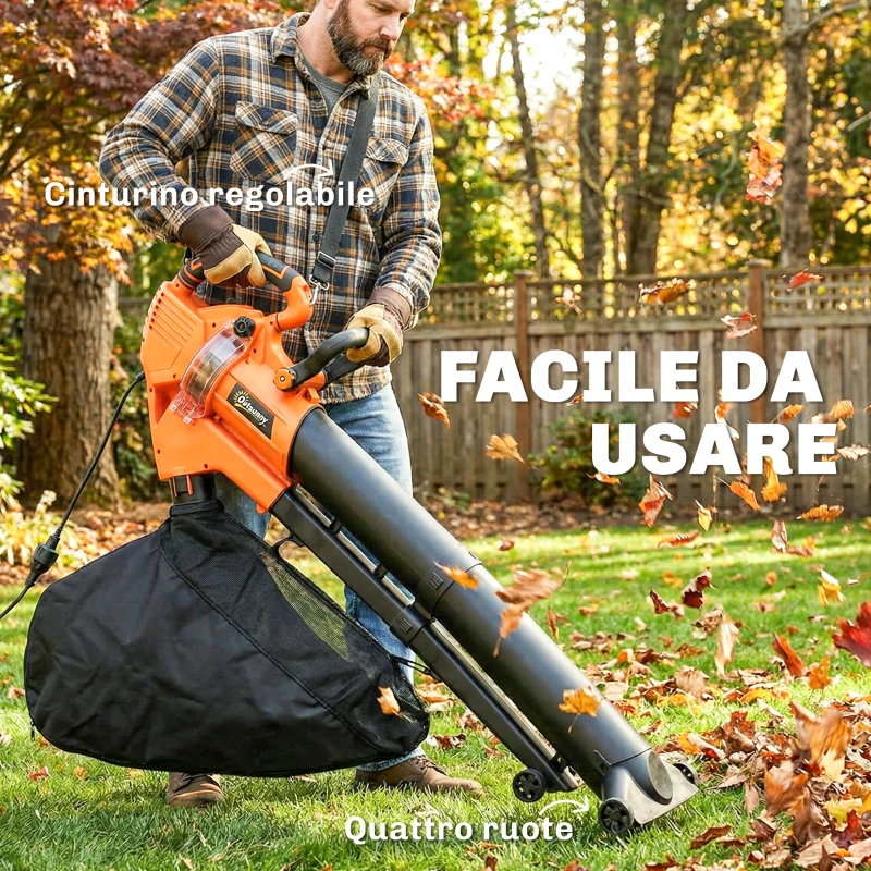 Outsunny 3-in-1 Soffiatore, Aspiratore, Trituratore per Foglie 3000W, Leggero