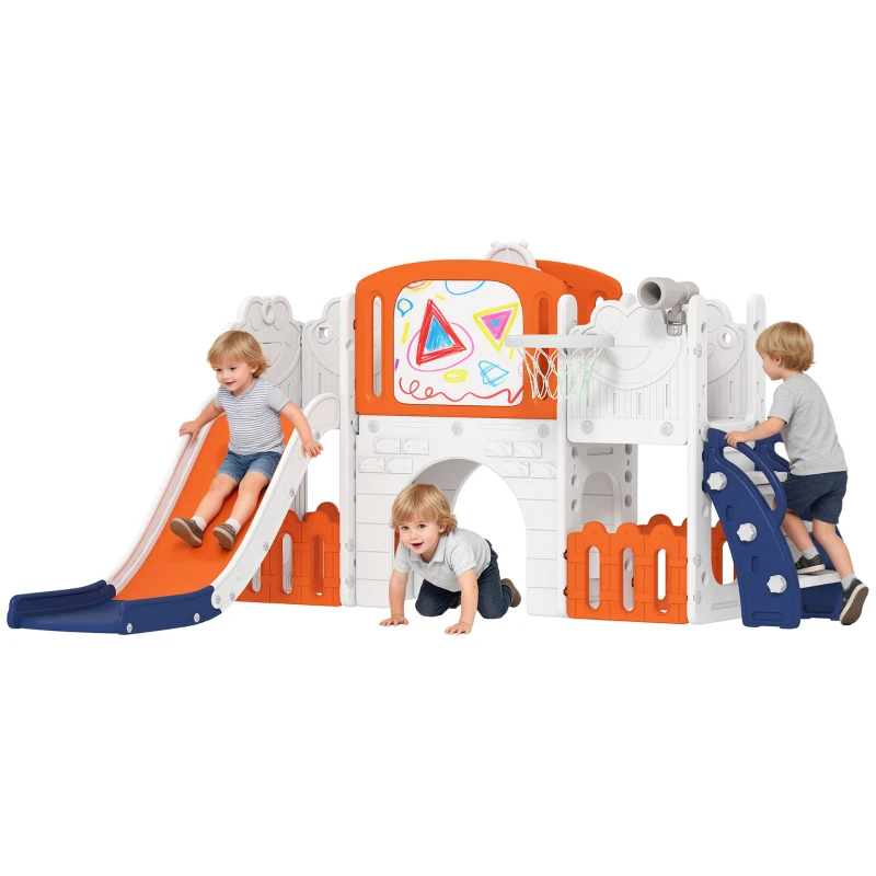 AIYAPLAY 7 in 1 Toddler Slide Set with Basketball Hoop, Climbing Frame, Telescope, Drawing Board, Storage Box, Orange