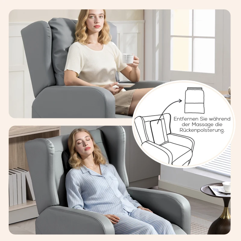 HOMCOM Sillón masajeador con función de reclinado, cuero sintético, ajustable eléctricamente, reposapiés, bolsillo lateral, armazón de acero, gris