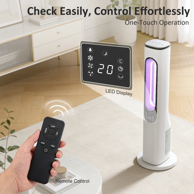 HOMCOM Ventilateur colonne sans pales avec LED Télécommande 3 Vitesses 3 Modes Minuterie 15H Oscillation 50° Blanc