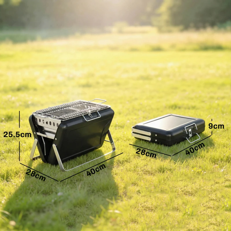 Outsunny Grătar pe cărbune din oțel inoxidabil BBQ Smoker cu grilă, mâner și picioare pliante pentru barbecue camping 40x28x25,5cm Negru