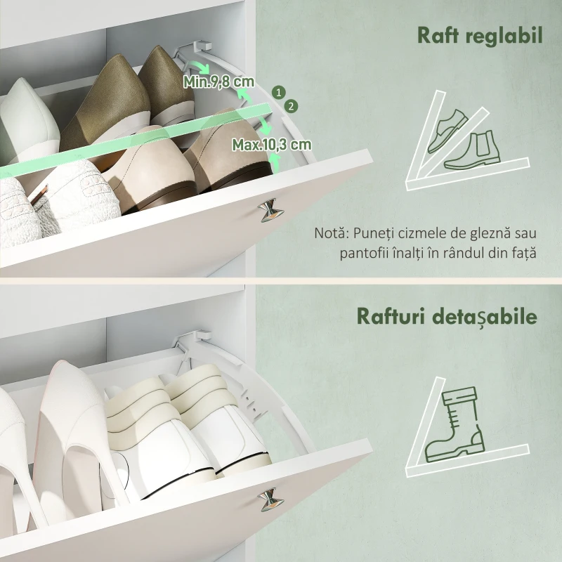 HOMCOM Dulap pantofi slim cu 4 sertare rabatabile și rafturi reglabile pentru 24-32 perechi de pantofi, 80x23.5x157 cm, alb