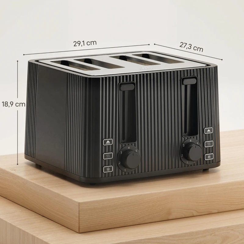 HOMCOM Tostadora 4 Ranuras Anchas 7 Niveles de Tostado Función Descongelar Recalentar y Cancelar Bandeja Extraíble Negro