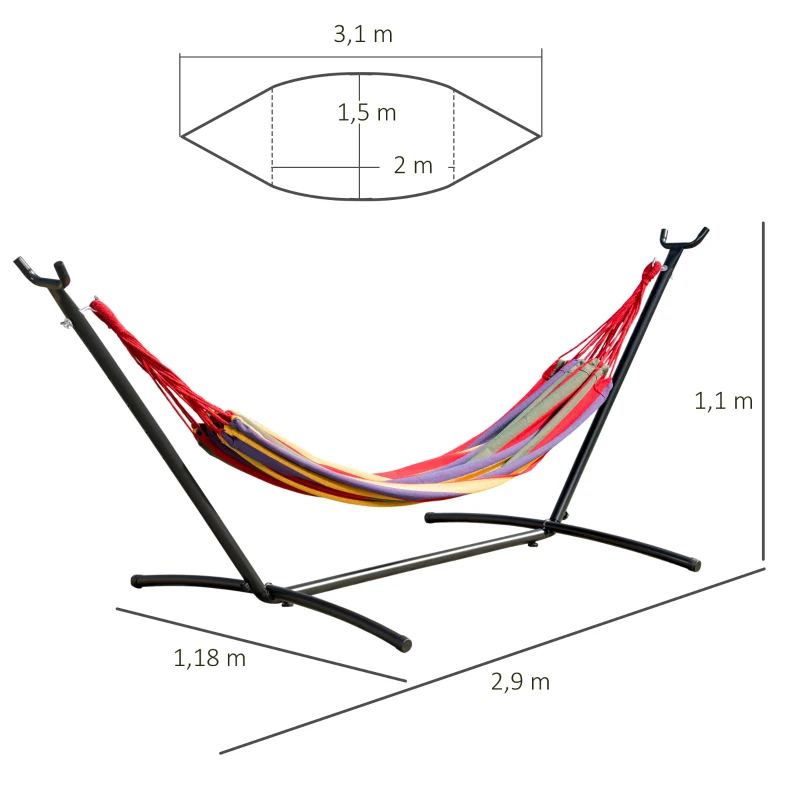 Outsunny Hamaca con Soporte de Acero con Altura Ajustable en 6 Niveles y Bolsa de Transporte Carga 120 kg 200x150 cm Multicolor