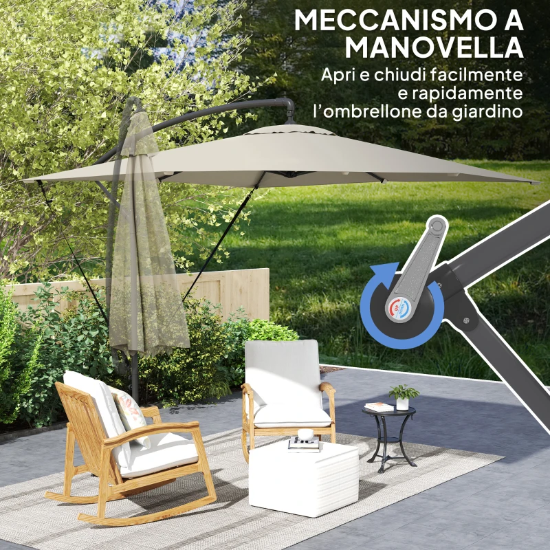 Outsunny Ombrellone a Sbalzo 247x247 cm con Base a Croce e Manovella, in Metallo e Poliestere, color Cachi