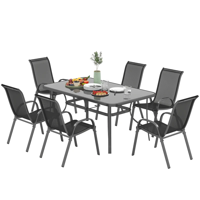 Outsunny Juego de Mesa y 6 Sillas para Terraza con Orificio para Sombrilla y Encimera de Cristal para Terraza Patio Gris