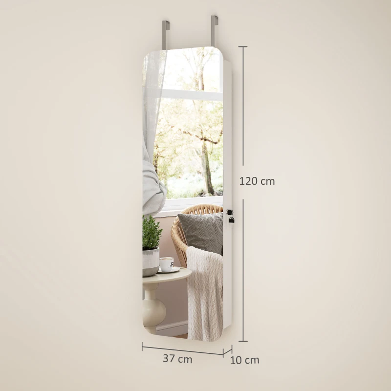 HOMCOM Specchio Portagioie con Luce LED e 2 Cassetti, Montato a Parete o su Porta, Bianco