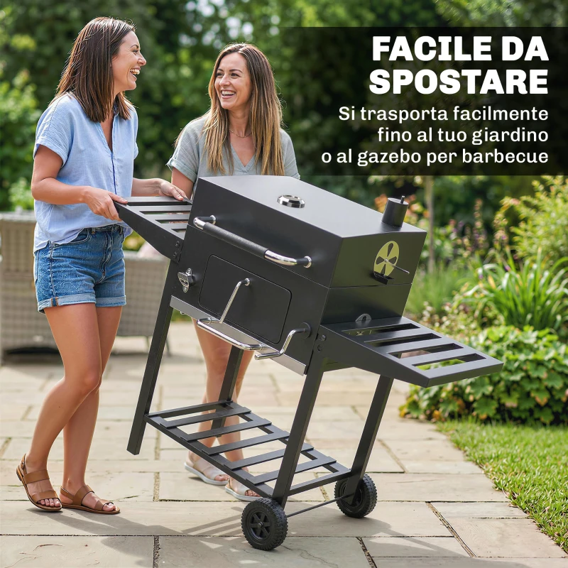 Outsunny Barbecue à Charbon à Roulettes avec Grille Réglable et Étagères Pliantes, en Acier et PP, 133.5x65x110 cm, Noir