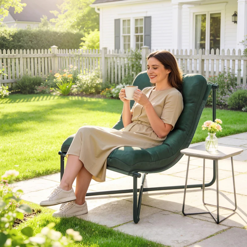 Outsunny Chaise de jardin Fauteuil de jardin avec coussin Siège sling respirant Cadre en acier pour jardin terrasse 76 x 92 x 76 cm Vert foncé