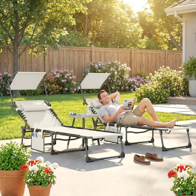 Outsunny Set de 2 Transats Pliables avec Appui-tête Parasol Poche Latérale et Dossier Inclinable en 5 Positions Crème