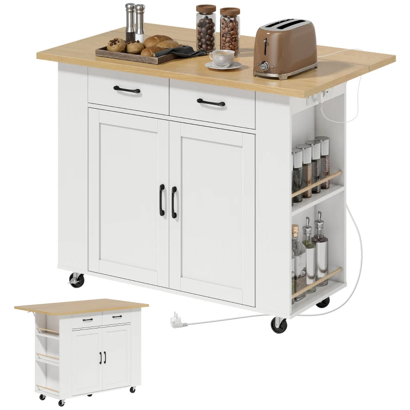HOMCOM Isola cucina su ruote con piano ribaltabile, 2 cassetti e stazione ricarica, Bianco