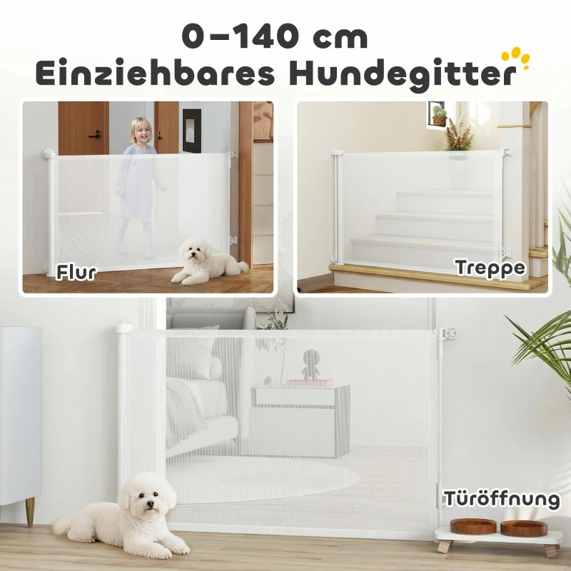 PawHut Treppenschutzgitter Türschutzgitter Ausziehbar 0-140 cm mit Einhandbedienung für Haustiere für Treppen Türen Weiß