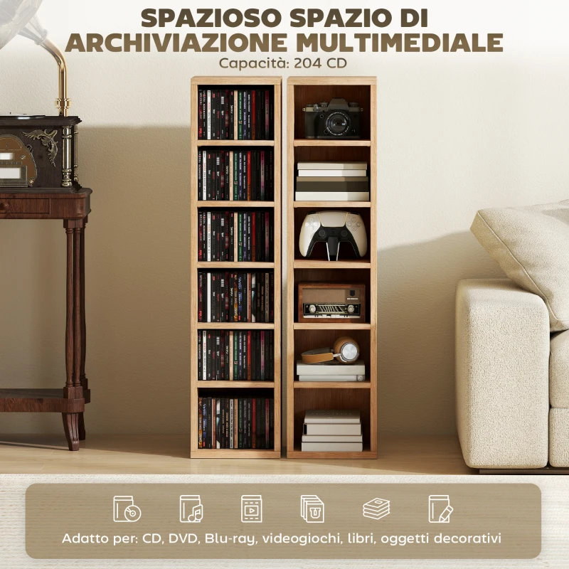 HOMCOM Set 2 Mobili Porta CD a 6 Ripiani Regolabili per 204 CD in Legno, 21x22.5x88.5 cm, Color Legno