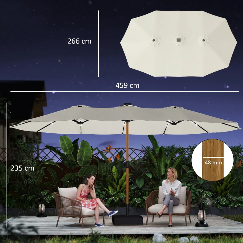 Outsunny Ombrellone doppio con 48 luci LED, base inclusa e manovella, 4,6x2,6 m, Crema