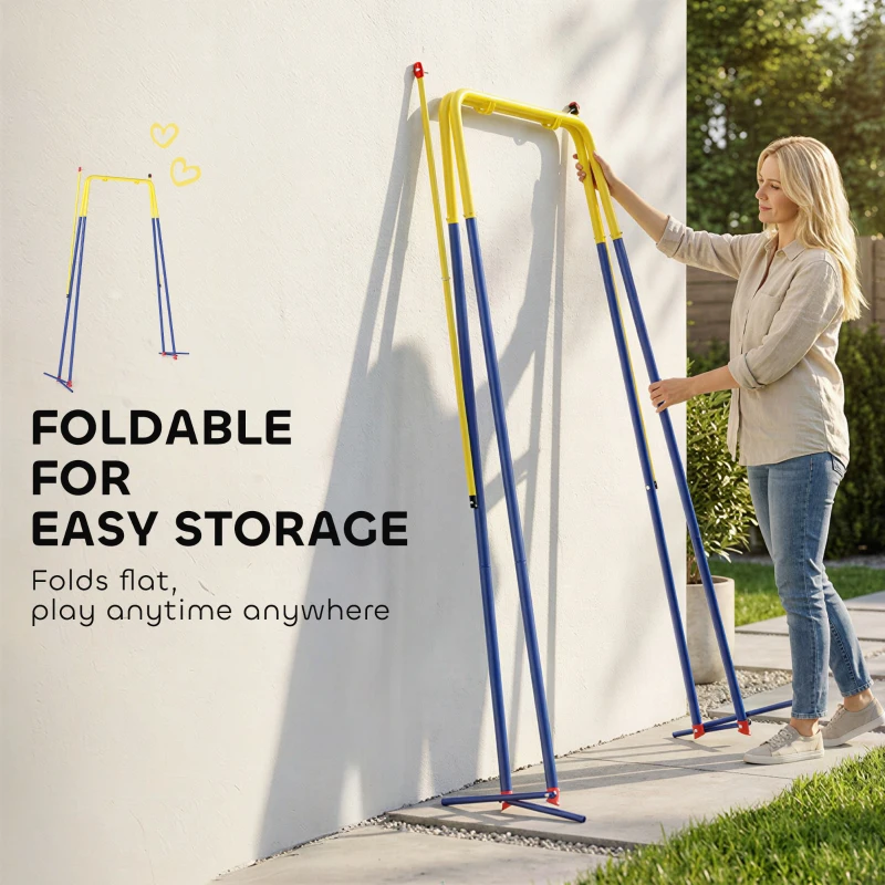 AIYAPLAY Składany stojak na huśtawkę, z ramą w kształcie litery A, 2 haki, 4 kotwy gruntowe, dla dzieci od 9 miesięcy do 8 lat, 128x155x157 cm, niebieski