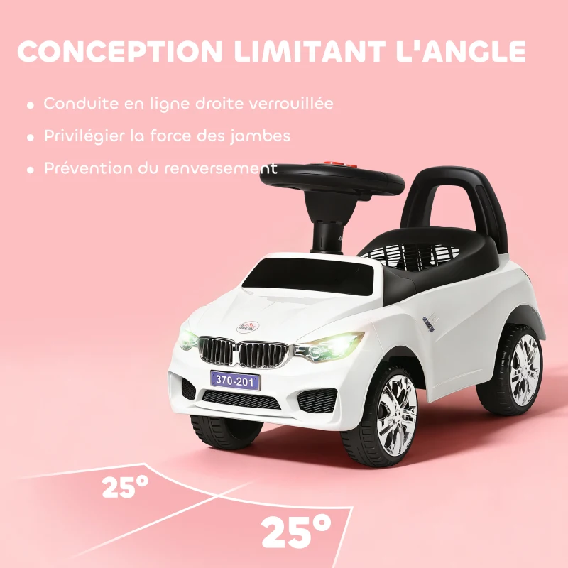 HOMCOM Porteur enfants voiture, véhicule à pousser avec coffre à jouets, klaxon, phares et musique, 63,5 x 28 x 36 cm, blanc