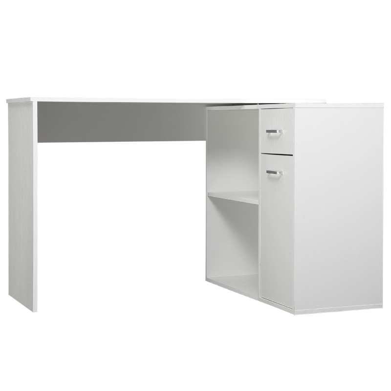 HOMCOM Escritorio de esquina giratorio 180°, escritorio de ordenador, estantería, cajón, armario, zona de trabajo, 117x82x74cm, blanco