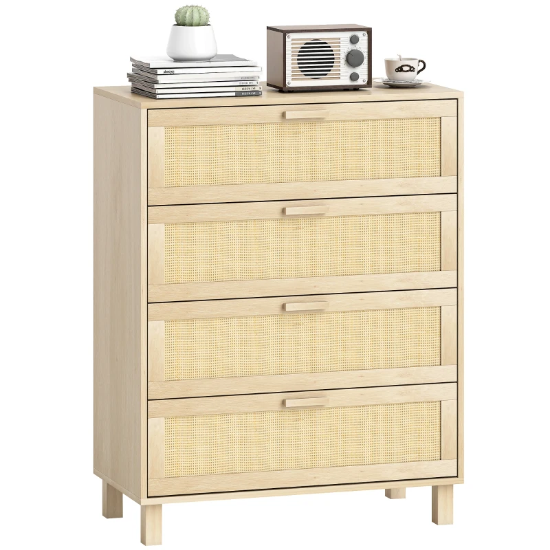 HOMCOM Cassettiera 4 cassetti con frontali in rattan, 80x40x103 cm, Legno chiaro