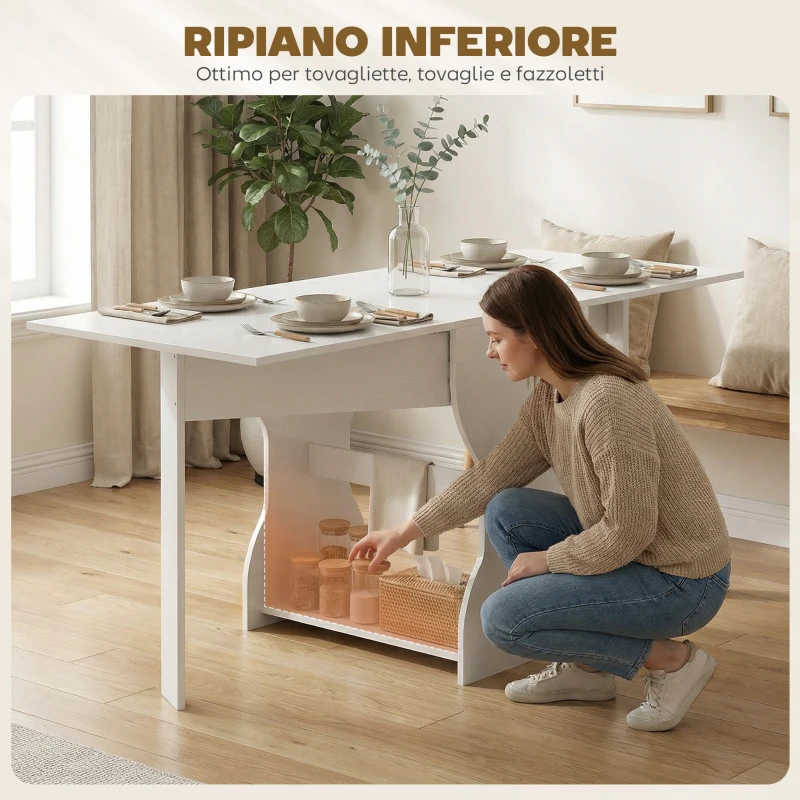HOMCOM Tavolo da Pranzo Pieghevole per 4 Persone con Ripiano, in Legno, 160x60x75 cm, Bianco