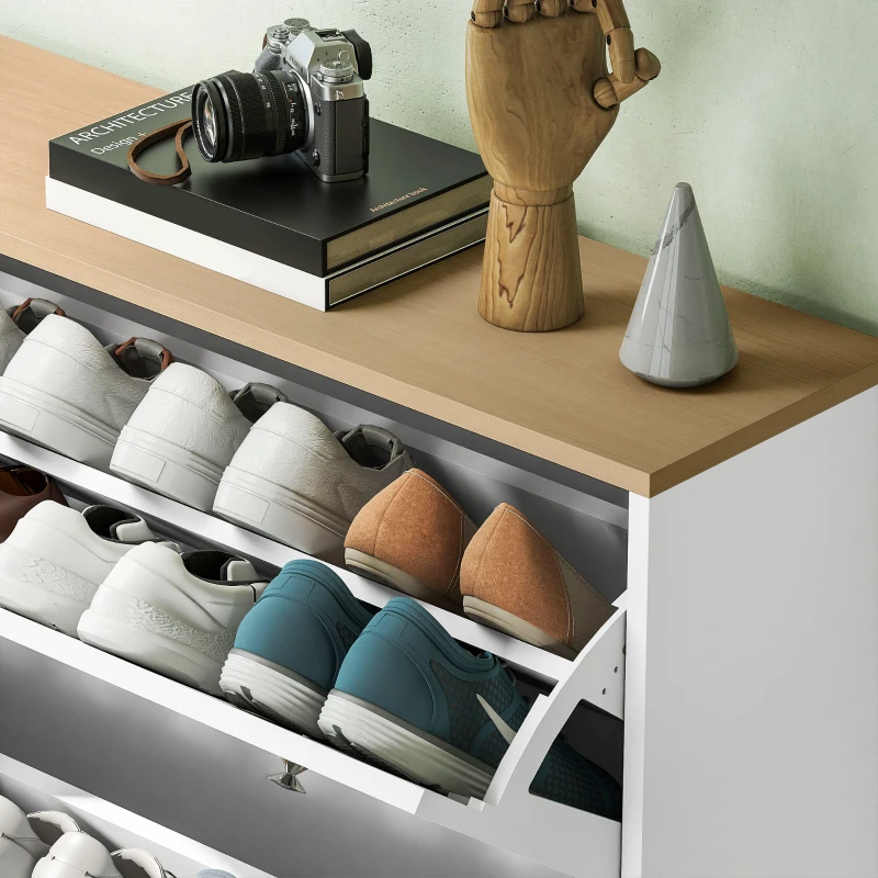 HOMCOM Dulap pantofi slim cu 4 sertare rabatabile și rafturi reglabile pentru 24-32 perechi de pantofi, 80x23.5x157 cm, alb