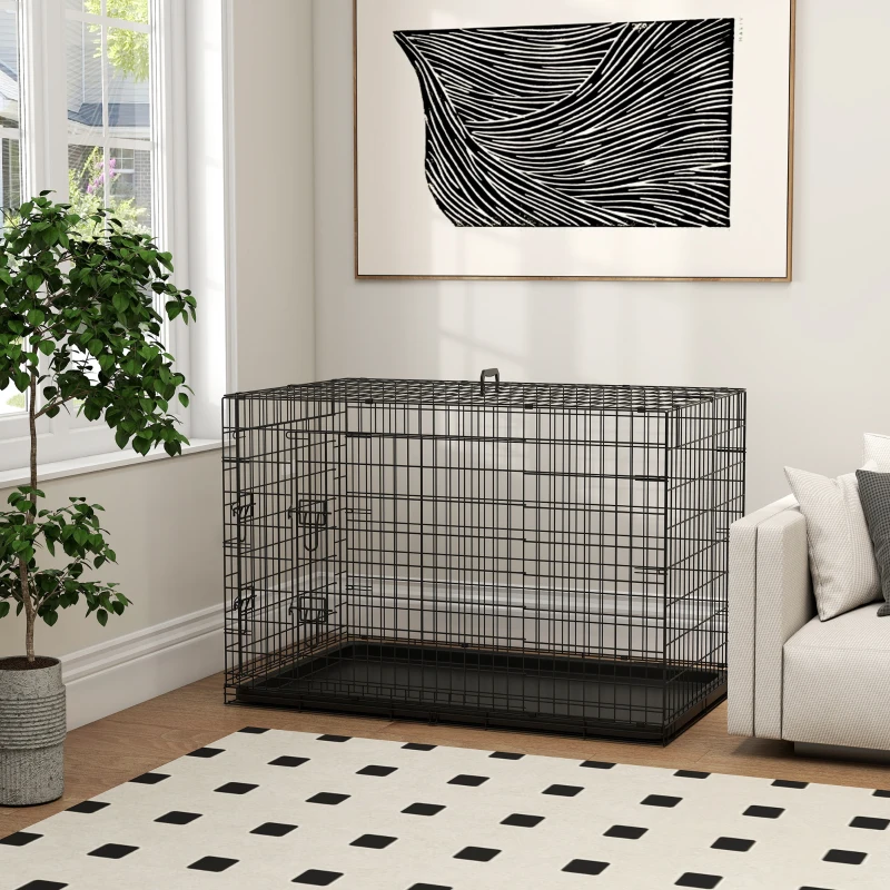 PawHut Gabbia Trasportino in Acciaio per Animali Pieghevole,Nero, 106×71×76cm