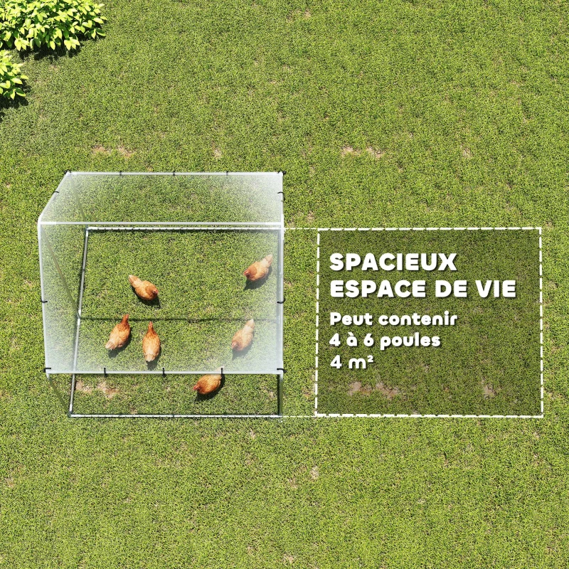 PawHut Enclos poulailler extérieur 4 m², parc grillagé - acier galvanisé Ø19mm - bâche Oxford 420D anti-UV 200x200x200cm argent