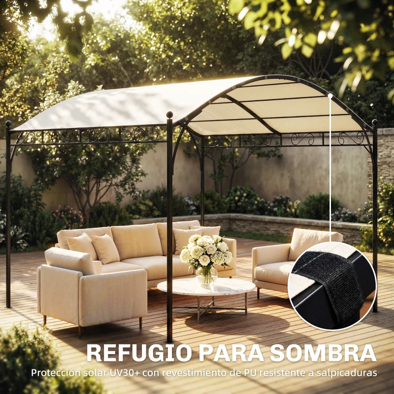 Outsunny Pérgola de Jardín 3x3 m con Dosel UV30+ Estructura de Metal Galvanizado Techo Arqueado Pabellón para Exterior Crema