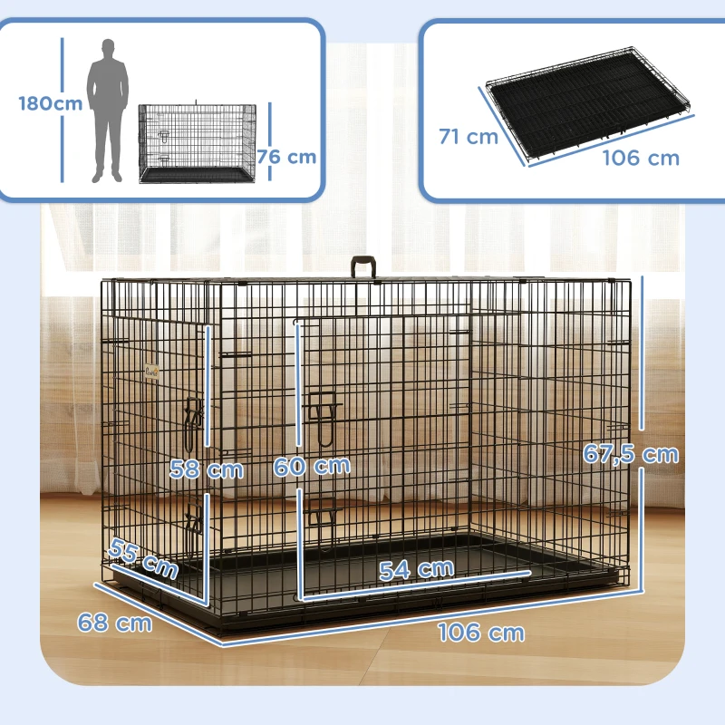 PawHut Gabbia Trasportino in Acciaio per Animali Pieghevole,Nero, 106×71×76cm