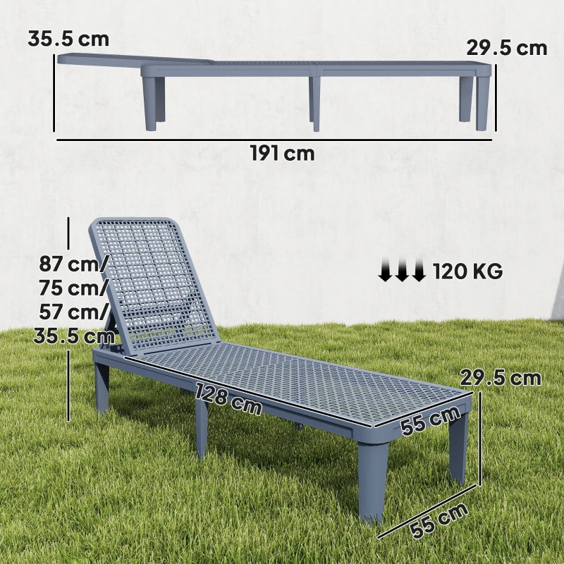Outsunny Șezlong reclinabil de grădină exterior cu spătar reglabil în 4 poziții și cadru din PP 191x55x35,5 cm Gri închis