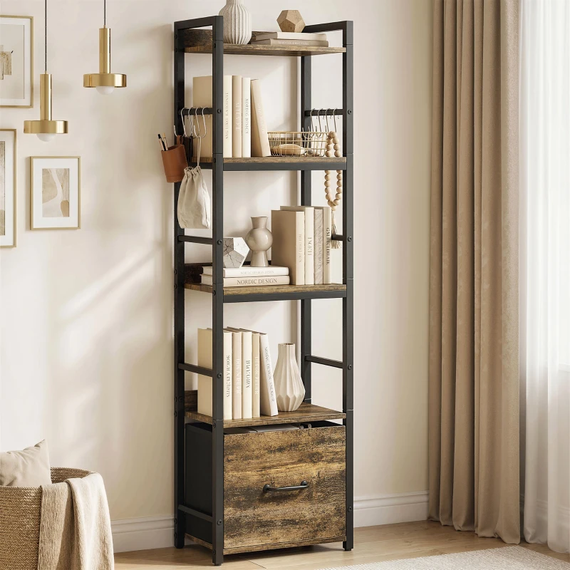 HOMCOM Bibliotecă cu 4 niveluri, etajeră de depozitare îngustă cu sertar, 8 cârlige, , 39 x 26 x 136,5 cm, maro rustic