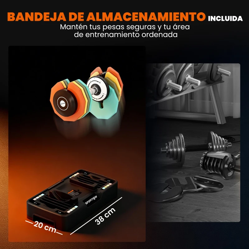 SPORTNOW Mancuerna Ajustable 5 en 1 de 5 a 25 kg con Base de Almacenamiento y Mango Antideslizante para Casa Gimnasio Multicolor