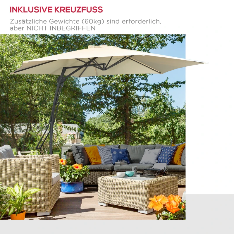 Outsunny Ampelschirm Ø293cm Sonnenschirm mit Seitenhebel Kreuzbasis, Windschutz Wasserabweisend Cremeweiß