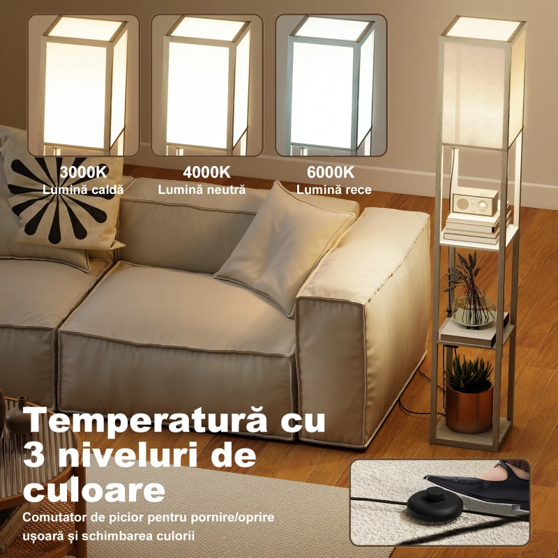 HOMCOM Lampă de Podea LED cu Rafturi, Lampă Modernă cu Întrerupător cu Pedală și Porturi USB, Temperatură a Luminii Reglabilă pentru Living și Dormitor, Alb și Stejar