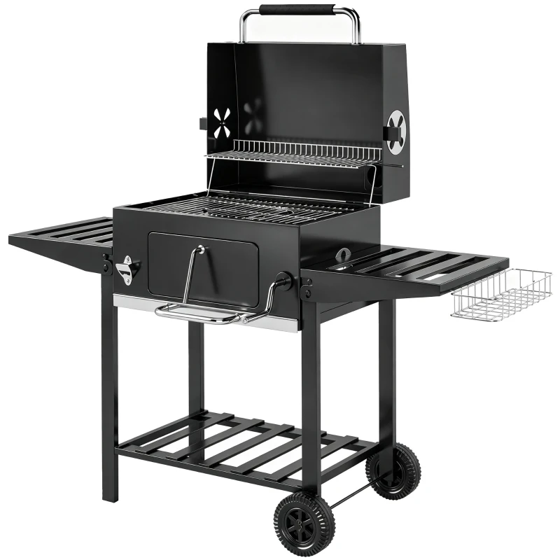 Outsunny Barbecue à Charbon à Roulettes avec Grille Réglable et Étagères Pliantes, en Acier et PP, 133.5x65x110 cm, Noir