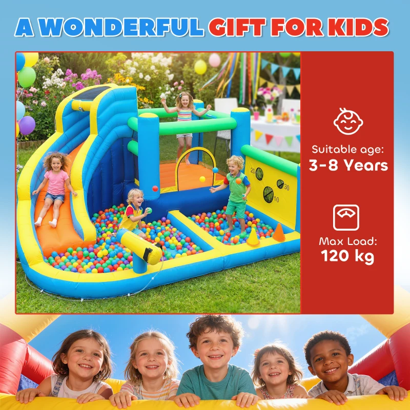 AIYAPLAY Castel gonflabil cu suflător 8 în 1, parc acvatic, tobogan, trambulină, piscină de mingi, Oxford, multicolor