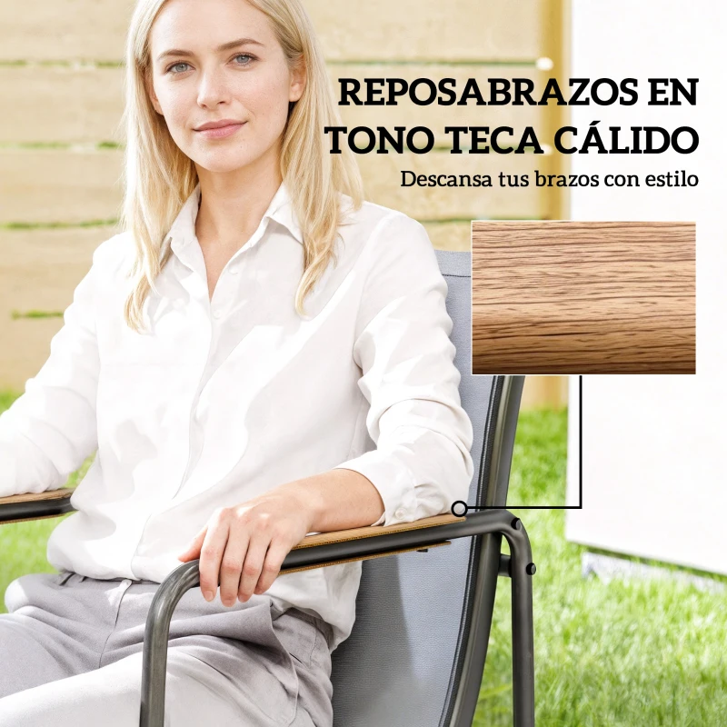 Outsunny Conjunto de Mesa y Sillas Jardín con Mesa de Vidrio Templado y 6 Sillas Transpirables para Terraza Patio Gris