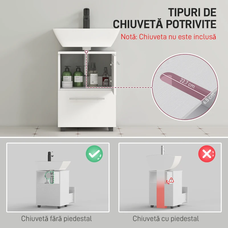 HOMCOM Dulap Sottolavabo pentru Baie cu Sertar și Dulap, Dulap Compact cu Decupaj în U, Mobilier Baie Modern și Economisire Spațiu, Potrivit pentru Lavoare fără Coloană, 41,5x35,5x59 cm, Alb