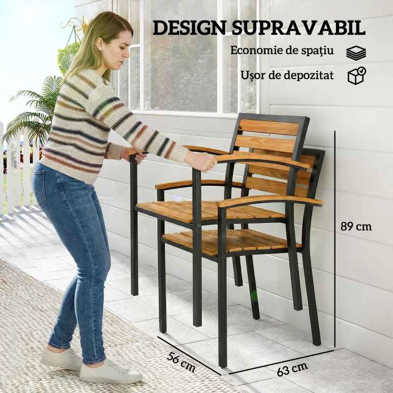 Outsunny Set de 2 Scaune Stivuibile pentru Exterior din Lemn cu Finisaj Natural.