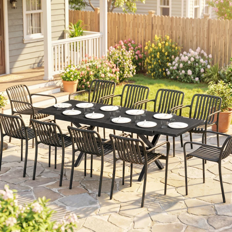 Outsunny Table de Jardin Extensible Aluminium Table de Repas Extérieure Effet Bois 8-10 Personnes 214x85x73cm Gris Anthracite