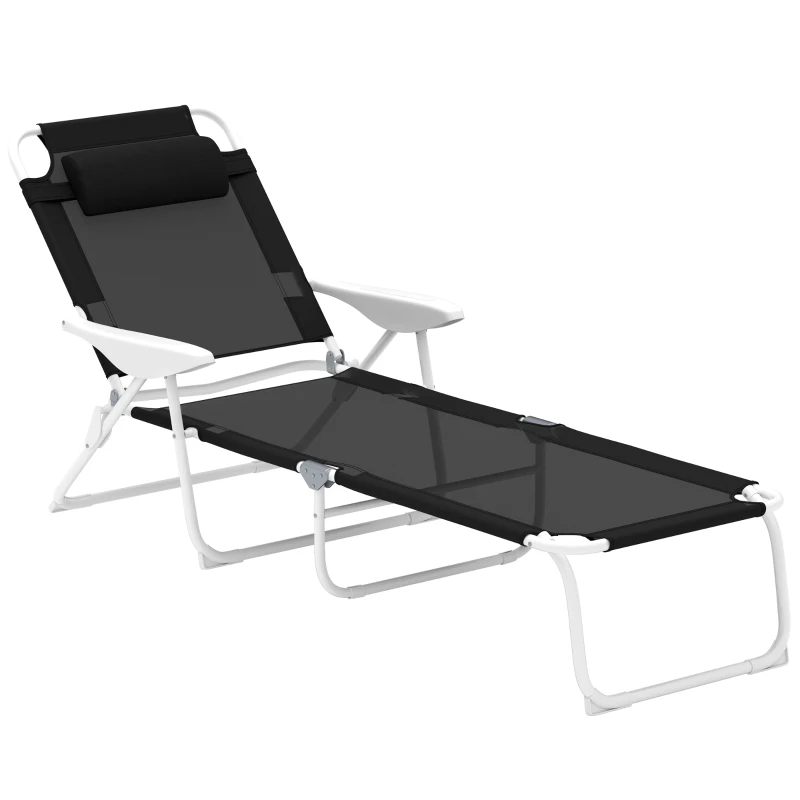 Outsunny Transat pliable avec coussin, chaise longue avec dossier réglable 4 positions jusqu'à 120 kg Noir