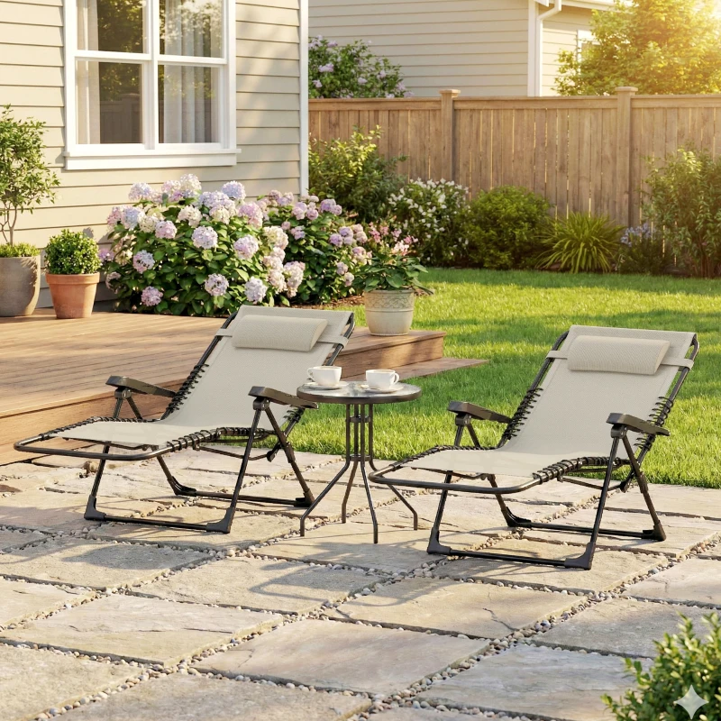 Outsunny Set 2 lettini pieghevoli con poggiatesta in textilene, 90x65x112 cm, Beige