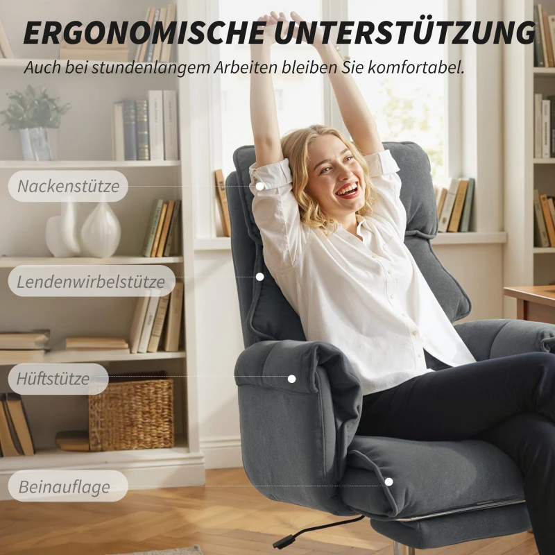 HOMCOM Bürostuhl Höhenverstellbarer Drehstuhl mit Lendenwirbelstütze, Fußstütze, Schneeflanell, 80 x 80 x 106-114 cm Dunkelgrau