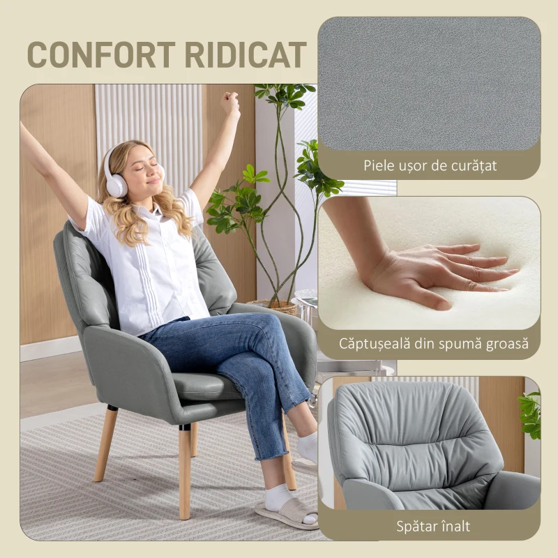 HOMCOM Fotoliu Modern pentru Cameră cu Spătar Înalt și Tapițerie Dublă, Material cu Efect de Piele, Gri