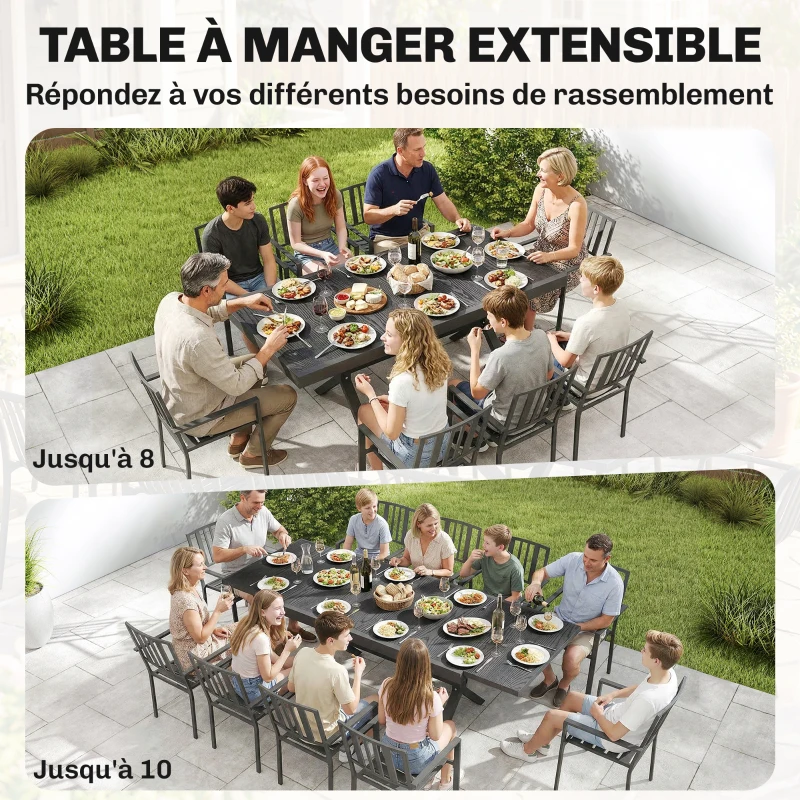 Outsunny Table de Jardin Extensible Aluminium Table de Repas Extérieure Effet Bois 8-10 Personnes 214x85x73cm Gris Anthracite