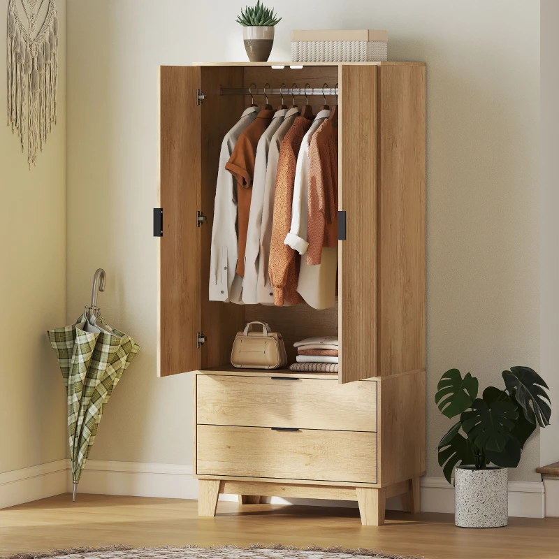 HOMCOM Armario dormitorio con 2 puertas de cierre suave, 2 cajones y barra para colgar, 80x50x180cm, madera natural