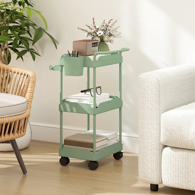 HOMCOM Carrito Auxiliar con Ruedas de 3 Niveles Carrito de Cocina con Cestas Extraíbles y Soporte para Toallas Verde