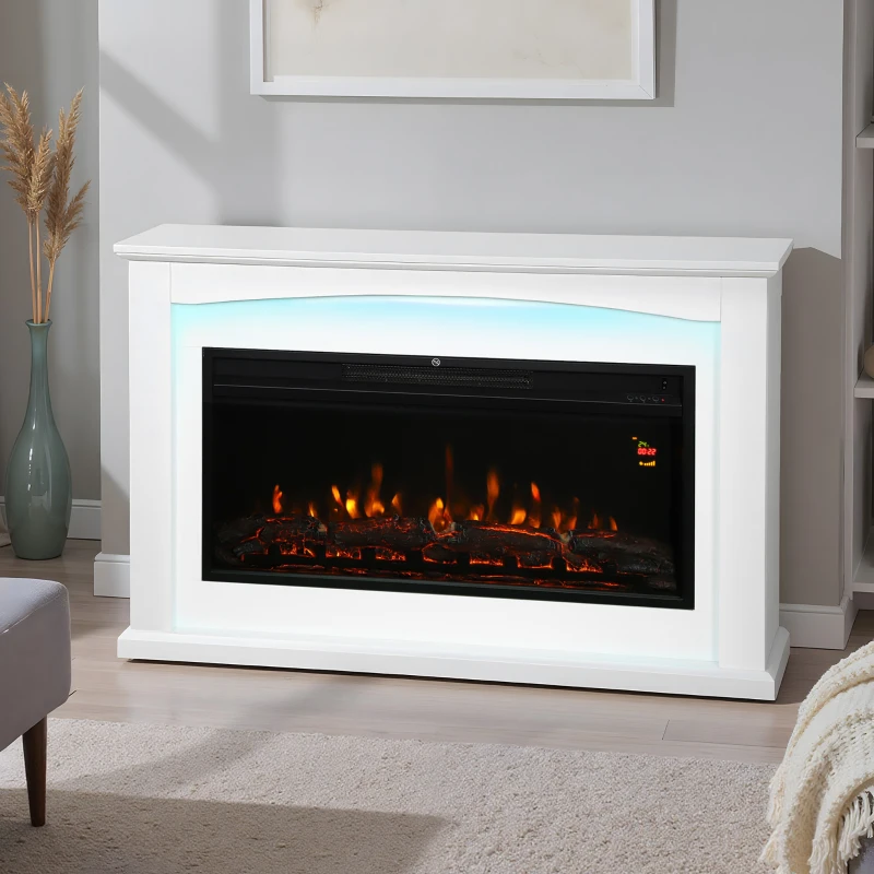 HOMCOM Chimenea eléctrica 1000W/2000W, chimenea decorativa falsa, efecto llama con 5 niveles de luminosidad ajustables, 121x25x77cm, blanco