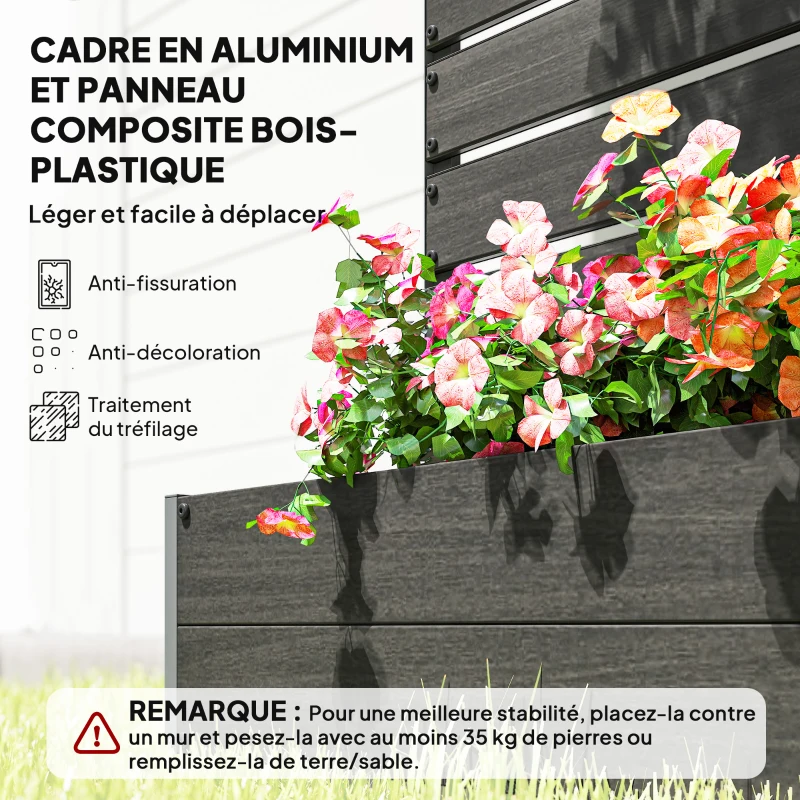 Outsunny Jardinière surélevée avec treillis pour plantes grimpantes bac à fleurs de 64L, composite bois-plastique et aluminium