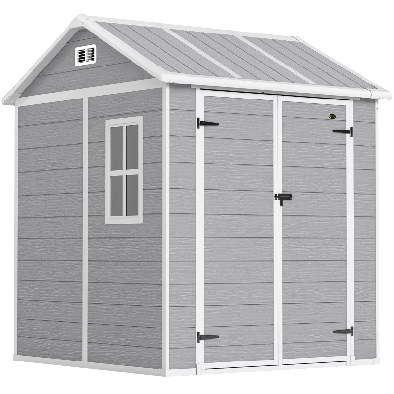 Outsunny Casetta da Giardino in Resina con Pavimento, 2 Porte con Blocco, Finestra, 1.8x1.8m, Grigio
